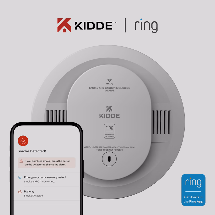 Alarme inteligente de fumaça e monóxido de carbono com fio KIDDE + câmera interna (2ª geração) funciona com sistema de segurança de alarme de anel