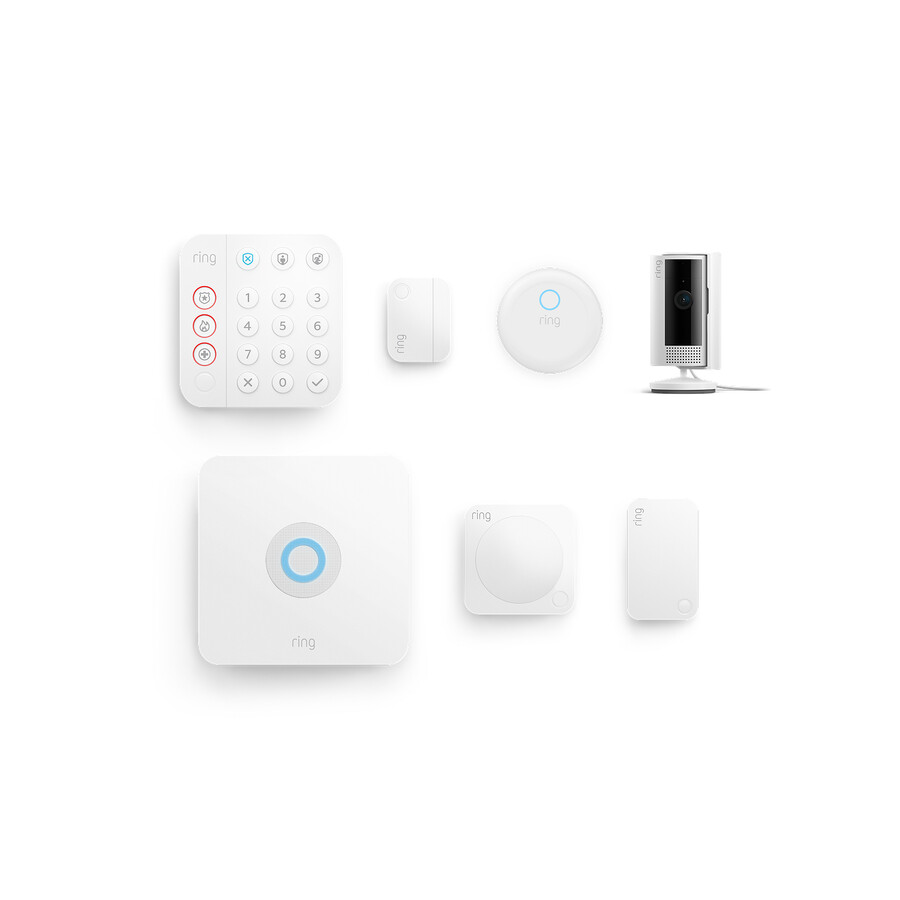 kit básico para casa com câmera interna e alarme de 5 peças.